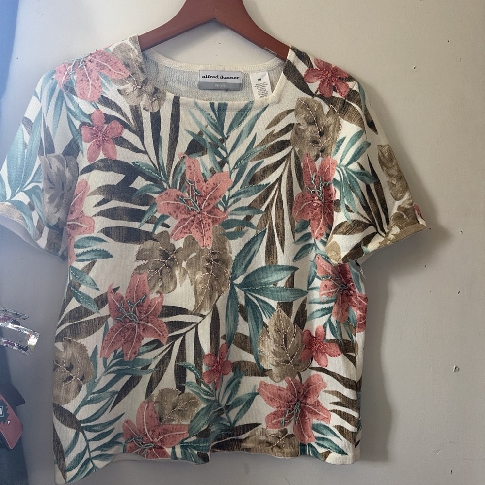 Alfred Dunner Tropical Floral Women's Top - Pink, Green, Brown